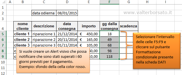 Excel: pagamenti e scadenze  Cambio di colorazione dei valori in  prossimità delle scadenze (formattazioni condizionali). Avvisi di testo per  segnalare criticità (funzioni SE)