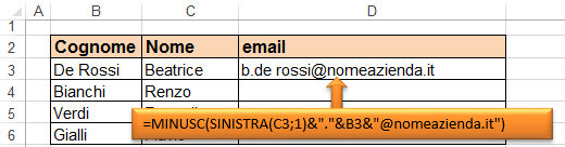 Excel: definizione di un casellario di posta elettronica attraverso formule e funzioni