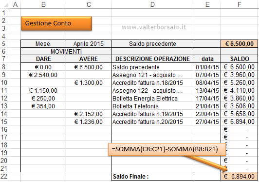 Gestire su foglio Excel un conto: Calcolare il saldo finale di perido