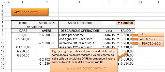 Gestire su foglio Excel un conto: ricalcolare il saldo dopo ogni movimento 