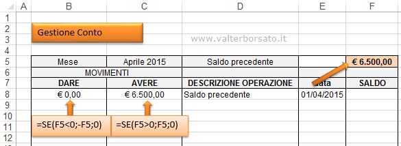 Gestire su foglio Excel un conto: inserire automaticamente il saldo in DARE o AVERE