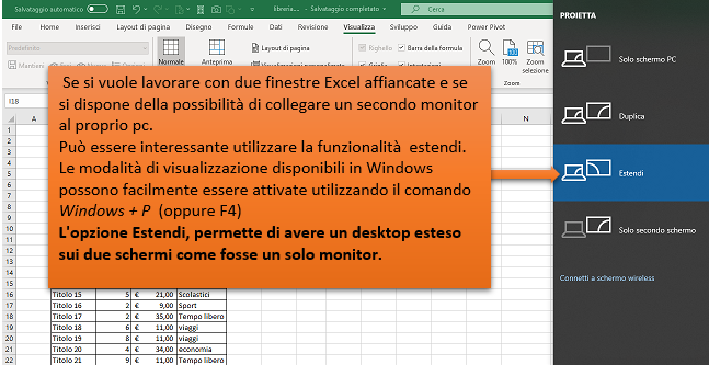 Creare più spazio di lavoro per affiancare finestre Excel: Estendere a due monitor