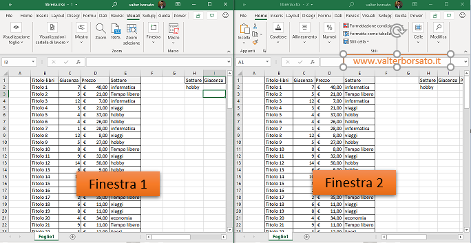 Affiancare sul monitor più fogli di lavoro di Excel: risultato finestre affiancate