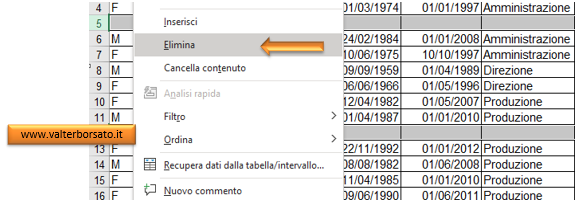 Excel, come eliminare righe vuote da una tabella: selezionare manualmente le righe