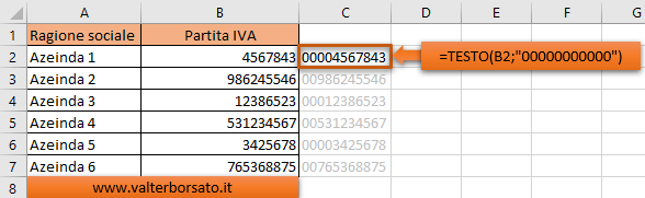 Applicare la Funzione TESTO per ricostruire il codice corretto della Partita IVA