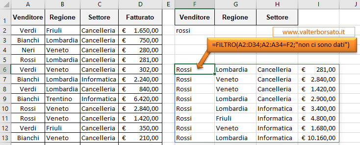 Matrici Dinamiche: La Funzione FILTRO di Excel - Applicare la Funzione Filtro prevedendo un solo criterio di di ricerca