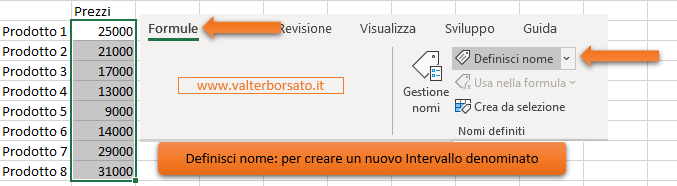 Intervalli denominati (Nomi definiti) cosa sono, come crearli e gestirli: Pulsante Definisci nome