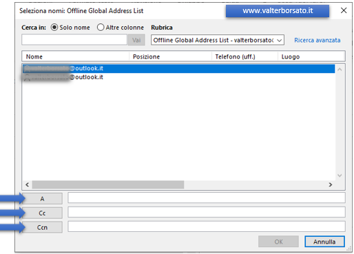 Comporre e inviare email con Outlook: selezionare destinatari del messaggio di posta elettronica