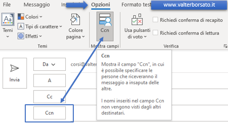 Comporre e inviare email con Outlook: inserire destinatario CCN (copia carbone nascosta)