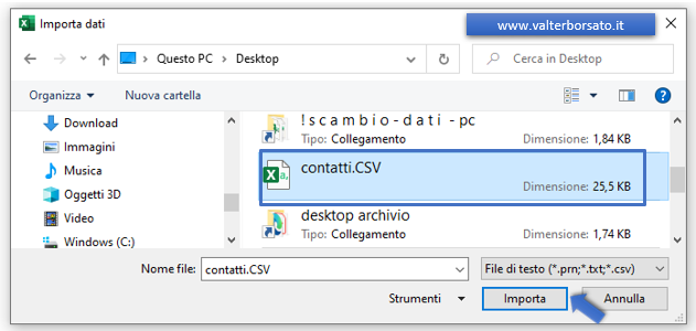 Excel,  importare il file CSV creato con Outlook: importazione del file CSV