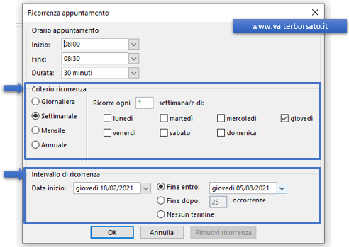 Calendari di Outlook: la finestra di dialogo Ricorrenza appuntamenti