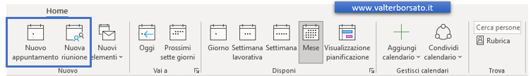 La scheda Home della barra multifunzione dei calendari di Outlook