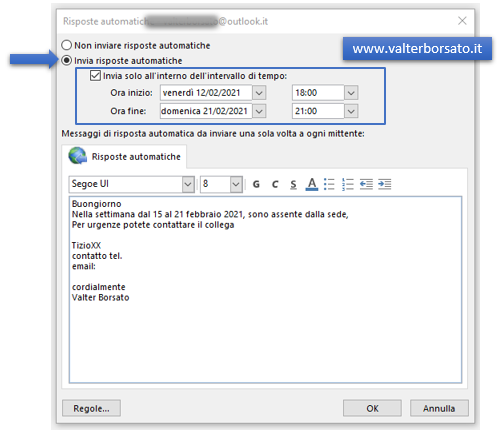 Organizzare risposte automatiche fuori sede ai messaggi di posta elettronica di Outlook: impostare opzioni risposte automatiche