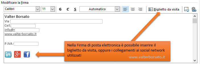 Creare una firma da aggiungere ai messaggi di posta elettronica di Outlook | Impostare la Firma, inserire link a social network o biglietto da visita