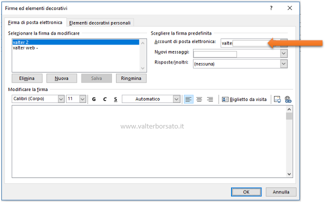 Creare una firma da aggiungere ai messaggi di posta elettronica di Outlook | Finestra di dialogo Firma ed elementi decorativi