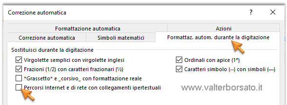 Word | finestra di dialogo Correzione automatica, scheda Formattazione automatica durante la digitazione