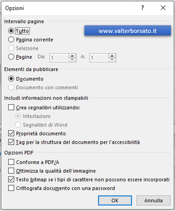 Salvare un documento Word in PDF : Word: impostazione opzioni salva come PDF