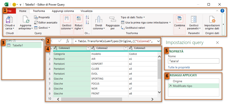 Le aree operative che caratterizzano l'editor di Power Query