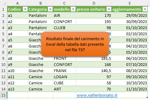 Risultato finale del carimento in Excel della tabella dati presente nel file TXT