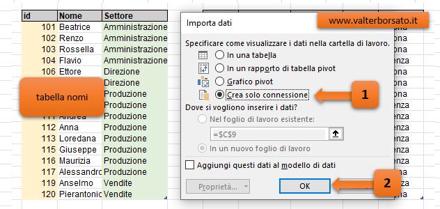 Editor di Power query: creare solo connessione alla base dati