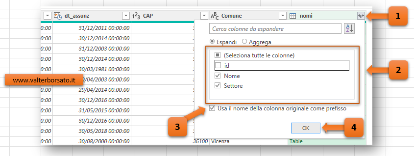 Power query: impostazione colonne