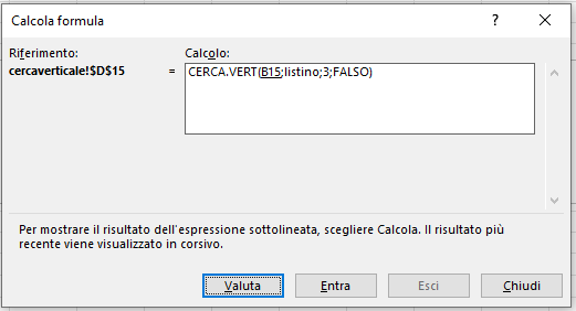 La finestra di dialogo del comando Valuta formula