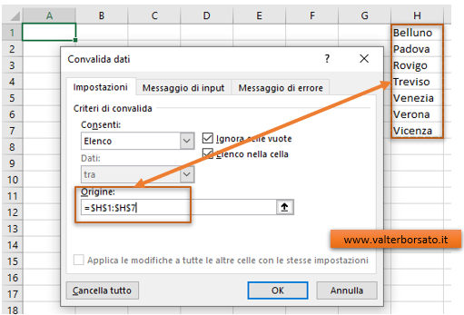 Creare una convalida dati ad elenco basata sui valori descritti in un intervallo di celle
