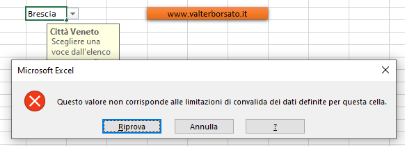 Il messaggio di Errore della convalida dati