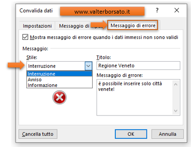 Impostazione messaggio di errore convalida dati