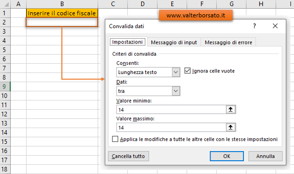 Convalida dati di Excel: limitare l’inserimento del numero di caratteri 