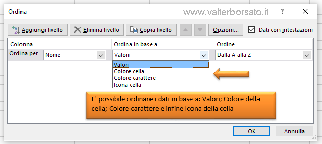 Excel database | Finestra di dialogo ordina. Ordinare i dati nell'archivio 