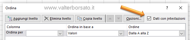 Excel database | Finestra di dialogo ordina. Selezione Dati con riga di intestazione