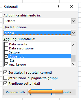 Excel il comando Subtotale della scheda dati | Rimuoverei i subtotali dal foglio di lavoro