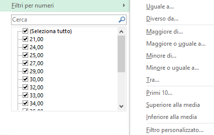 Excel | Tendina Filtri per numeri 