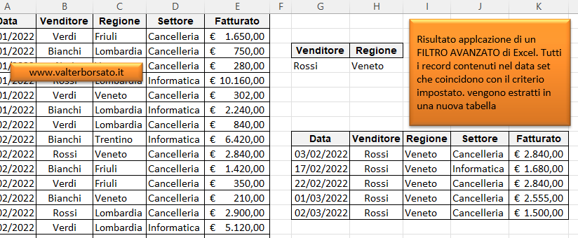 Applicare un Filtro avanzato di Excel: risultato estrazione dati