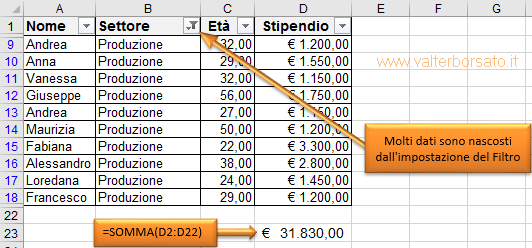 Applicare un filtro ad una tabella differenza fra sommare e applicare la Funzione Subtotale