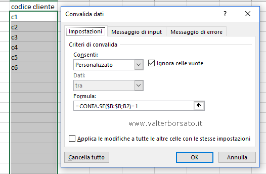 Evitare di inserire valori duplicati ! Finestra di dialogo Convalida dati