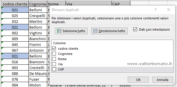 Eliminare valori duplicati nelle tabelle Excel | Finestra di dialogo Rimuovi duplicati