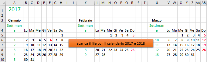 Scarica il calendario 2017 e 2018. Download Calendario 2017 e 2018. Excel Calendario e festività straordinarie 2017 e 2018