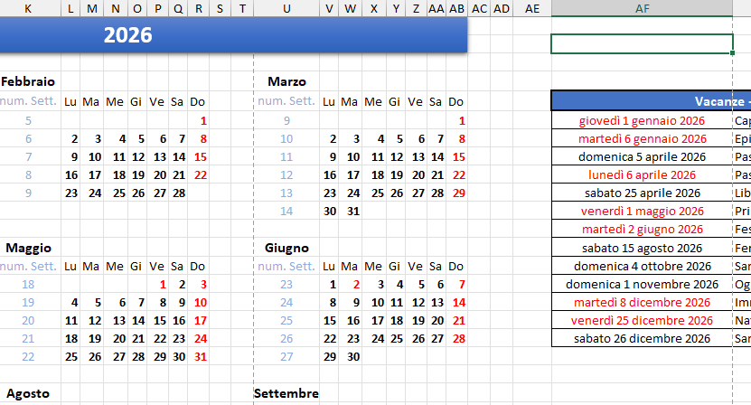 Modello Excel Calendario 2026 – Scarica gratis e personalizza il tuo planning