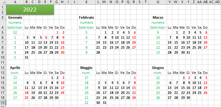 Calendario e planning 2022 in Excel (modificabile)