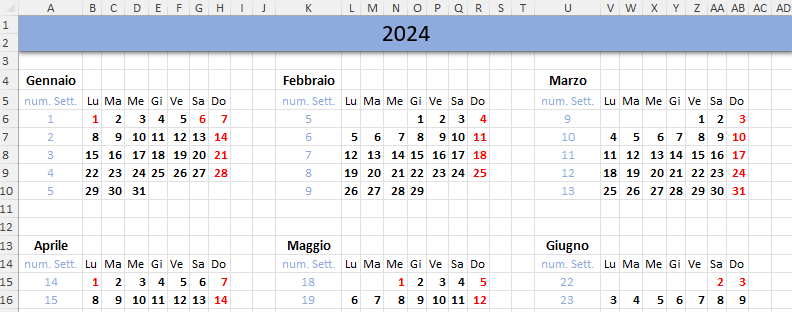 Modello Excel di calendario mensile 2024 / Calendario mensile 2024 con