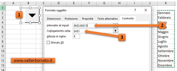 Utilizzate lo strumento controllo Casella combinata, per impostare la scelta del mese