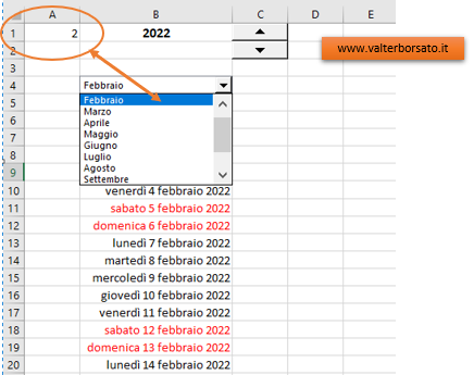 Calendario mensile con scelta dell'anno e mese di riferimento: risultato finale