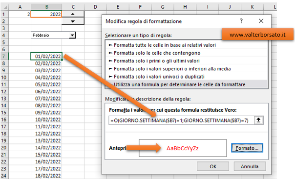 Applicare la formattazione condizionale di Excel all'elenco delle date del mese