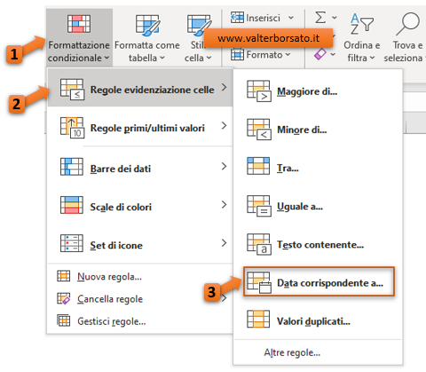 Formattazione condizionale, regola evidenziazione celle: Data corrispondente a...