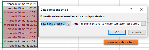 Esempio di applicazione della Formattazione condizionale: Data corrispondente a....