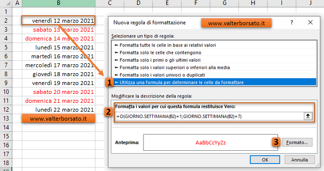 Applicare una specifica formattazione alle giornate sabato e domenica presenti in un elenco date