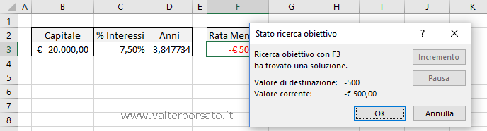 La ricerca obiettivo di Excel: durata anni risultato finale