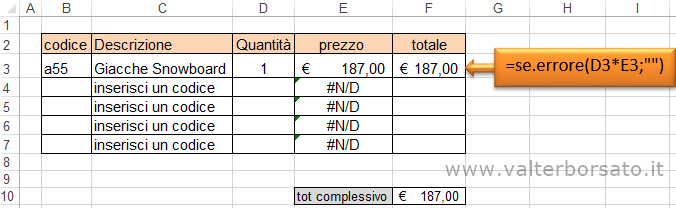 Excel | Sostuire il messaggio di errore con uno spazo vuoto espresso con doppi apici 